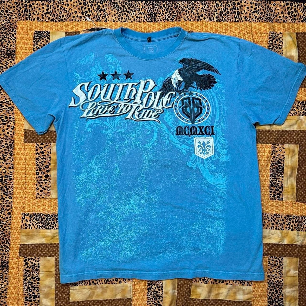 South Pole Mens Short Sleeve Graphic Tee Blue with Black and White Accents